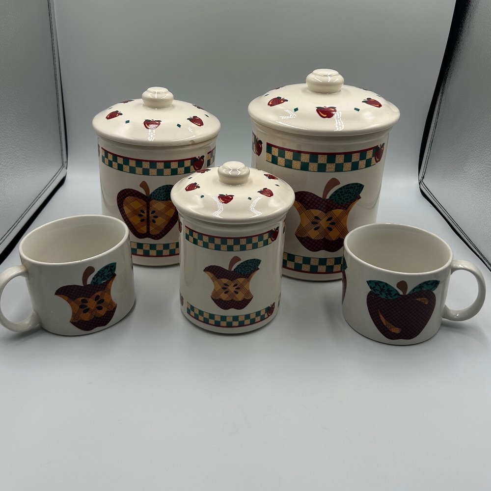 Vintage‎ Tabletops Unlimited A is for Apple Canister Set and Mugs 5pc Kitchen